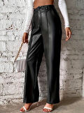 Kadın önden Fermuarlı Cepli Geniş Kesim Lame Deri Pantolon