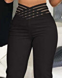 Kadın Yüksek Bel çapraz şerit Detaylı Ithal Krep Pantolon