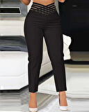 Kadın Yüksek Bel çapraz şerit Detaylı Ithal Krep Pantolon