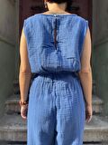 Boho Mavi Müslin Crop Bluz, Beli Lastikli Bluz, Crop Tshirt, Yazlık Bluz, Organik