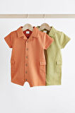 Next Baby % 100 Pamuklu Yeşil Turuncu Gömlek Yaka 2’li Romper Set