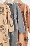 % 100 Pamuklu Kahverengi Aslan Desenli Çift Fermuarlı 3 ‘lü Tulum Set