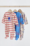 Next Baby % 100 Pamuklu Kırmızı Çizgili Hayvan Karakterli 3’lü Tulum Set