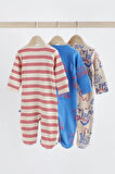 Next Baby % 100 Pamuklu Kırmızı Çizgili Hayvan Karakterli 3’lü Tulum Set