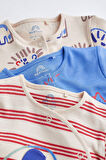 Next Baby % 100 Pamuklu Kırmızı Çizgili Hayvan Karakterli 3’lü Tulum Set