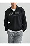 Erkek Siyah New York Baskılı Yarım Fermuarlı Oversize Polo Yaka Sweatshirt
