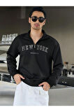 Erkek Siyah New York Baskılı Yarım Fermuarlı Oversize Polo Yaka Sweatshirt