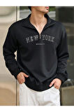 Erkek Siyah New York Baskılı Yarım Fermuarlı Oversize Polo Yaka Sweatshirt