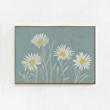 Papatyalar: Pastel duvar dekoru, soluk turkuaz renginde yatay sanat. İskandinav tarzı eklektik çiçek desenli pastel sanat posteri