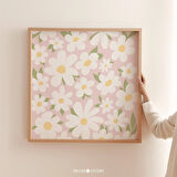 Pastel Pembe Papatya Kare Poster Duvar Sanatı, Çiçekli Çocuk Odası Sanatı