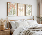 3'lü Boho Pastel, Sevimli Kelebek ve Botanik Sanat Posterleri