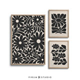 Çiçek Galerisi Seti, Siyah Bej 3'lü Set, Botanik Set, Bohem 3'lü Set