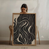 Büyük Bej ve Siyah Soyut Organik Çizgiler Sanatı - Kasvetli Oturma Odaları İçin Orta Yüzyıl Modern |