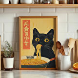 Sevimli Siyah Kedi Ramen Yiyor Duvar Sanatı, Japon Mutfağı Duvar Sanatı, Erişte Severlere Hediye