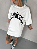 Nnstartshopping  Unisex Bisiklet Yaka Baskılı Oversize T-Shirt - Beyaz