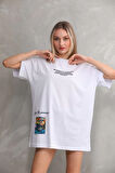 Nnstartshopping  Unisex Bisiklet Yaka Baskılı Oversize T-Shirt - Beyaz