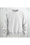 Baskısız Beyaz Bisiklet Yaka Sweatshirt Kalın Kumaş 3 İplik