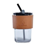  Füme Renkli Cam Pipetli Cam Bardak ve Deri Tutma Kılıflı Soğuk Sıcak İçecek Bardağı