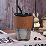  Füme Renkli Cam Pipetli Cam Bardak ve Deri Tutma Kılıflı Soğuk Sıcak İçecek Bardağı