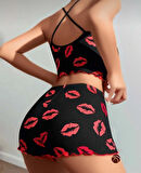 Lily Pembe Siyah Pembe Öpücük Desenli %100 Pamuk İnce Askılı Büstiyer Şort Takım