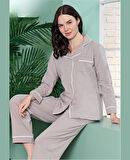 Poleren Modal Kumaş Rahat Gömlek Pantolon/Sıfır Yaka Desenli Düz Battal Pijama Takımları