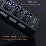 7 Port Girişli USB Hub Çoklayıcı On Off Anahtarlı Switch Işıklı Usb Adaptör Istasyonu