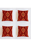 Kilim Desenli Dekoratif Yastık Kılıfı 4'lü Çift Taraflı Şönil Dokuma Gizli Fermuarlı Kırlent Kılıfı