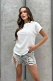 Lesa Wear Yumuşacık Soft Touch Geniş Yaka Keten Görünümlü Oversize T-shirt
