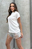 Lesa Wear Yumuşacık Soft Touch Geniş Yaka Keten Görünümlü Oversize T-shirt