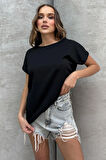Lesa Wear Yumuşacık Soft Touch Geniş Yaka Keten Görünümlü Oversize T-shirt