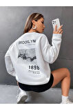 Unisex Kahve Brooklyn Sırt Baskı Oversize Bisiklet Yaka Sweatshirt