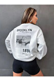 Unisex Kahve Brooklyn Sırt Baskı Oversize Bisiklet Yaka Sweatshirt