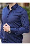 Süper Slim Fit (Dar Kalıp ) Gizli Düğmeli Pamuk Saten Gömlek