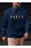 Erkek Petrol Mavi Paris Romantic City Baskılı Bisiklet Yaka Sweatshirt