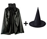 Parti Siyah Yakalı Pelerin ve Siyah Cadı Şapkası Seti Çocuk Boy