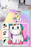 Dijital Baskılı Dekoratif Kaymaz Taban Yıkanabilir Unıcorn Temalı Modern Çocuk Halısı