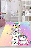 Dijital Baskılı Dekoratif Kaymaz Taban Yıkanabilir Unicorn Temalı Seksek Çocuk Halısı