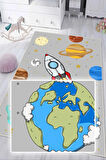 Dijital Baskılı Dekoratif Kaymaz Taban Yıkanabilir Gezegenler Temalı Modern Çocuk Halısı