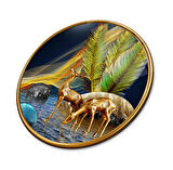 Gold Geyikler Yuvarlak Cam Tablo | Hediyelik, Dekoratif, Ofis, Mutfak 