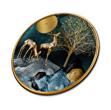 Gold Geyikler Yuvarlak Cam Tablo | Hediyelik, Dekoratif, Ofis, Mutfak 