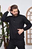 Unisex Şardonlu Kanguru Cepli Kapüşonlu Siyah Sweatshirt