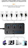 QASUL Kontrol Anahtarlı güç Kaynağı Kartı 3-AC (13A/3000W),  6 USB Şarj Portlu Soket (3.1A/5V) 1.8M Kablo Güç Adaptörü, Ofis Ev