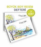 2'li  Resim Defteri Spiralli Karton Kapak 25x35 Cm 15 Yaprak Manzara Resim Defteri Büyük Boy