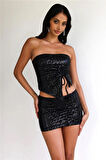 Gardıroza Astarlı Siyah Pul Payet Mini Etek , Mini Etek, Abiye Etek