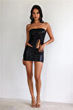 Gardıroza Astarlı Siyah Pul Payet Mini Etek , Mini Etek, Abiye Etek
