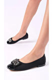Siyah Renk Büyük Taş Süslemeli Dekoratif  Babet Ayakkabı Düz Topuk Parlak Uç siyah / 40