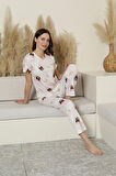 Kadın Desenli Bisiklet Yaka Düğmesiz Bambu Yazlık Kısa Kollu Pijama Takımı-Dar Kesim