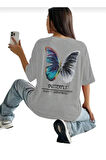 kadın butterfly baskılı bisiklet yaka tişört