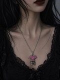 Gotik Kalp Kanatlı İskelet El Kolye Pembe Detaylı Unisex Metal Zincir
