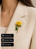 Sarı Gül Broş Kadın İğne - Zirkon Taşlı Mineli Altın Kaplama Yaka İğnesi
